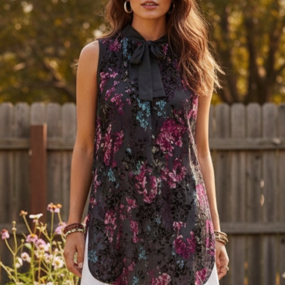 NEW Boutique Floral Tunic Top with Bow Tie